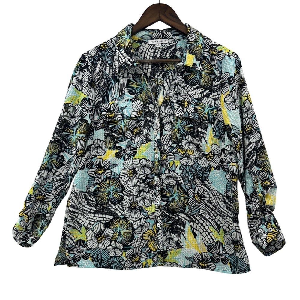 Notations Button Up Blouse Women Large Teal‎ Yellow Floral Excellent MPOB0762